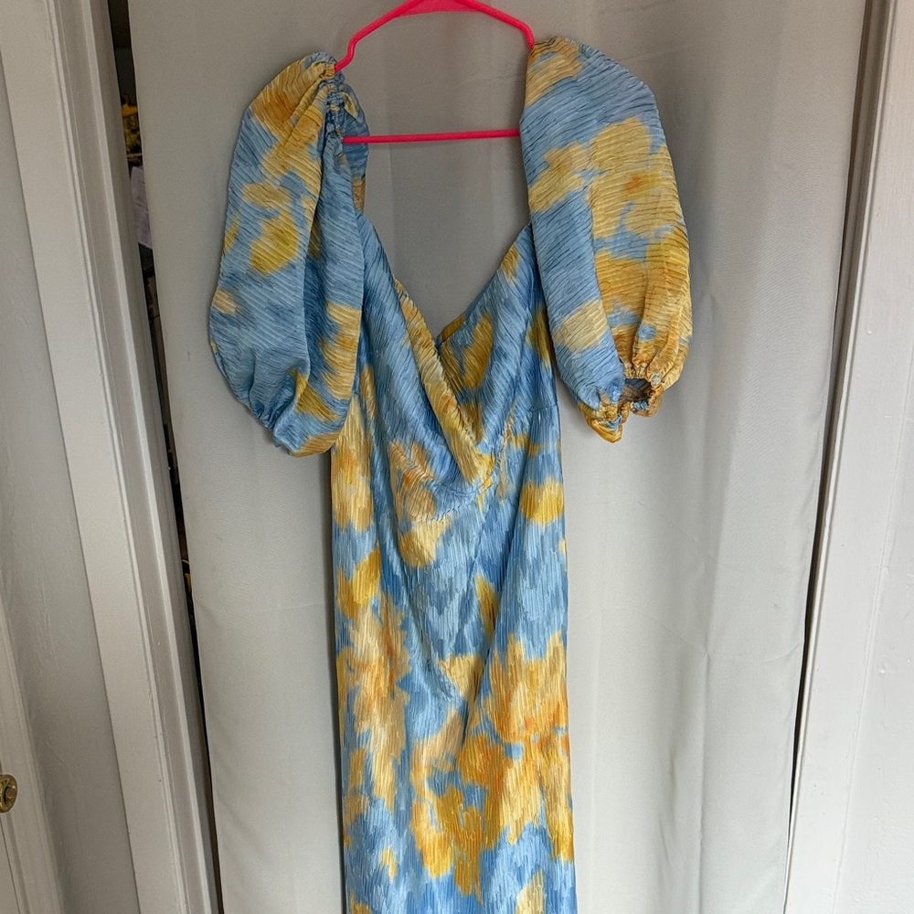 L'IDEE Pleated Off Shoulder Midi Dress Jardin Blue Size 12 - Picture 3 of 5